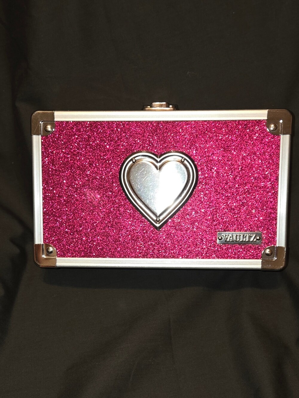 Silver Vaultz Supply Box w Pink Glitter & a Heart Design